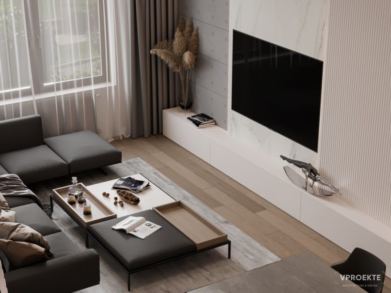 Бело-серая мебель в гостиной