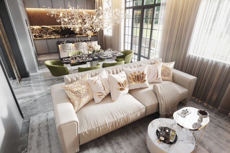 Зеленые акценты в серо-бежевом интерьере, проект коттеджей “Брита